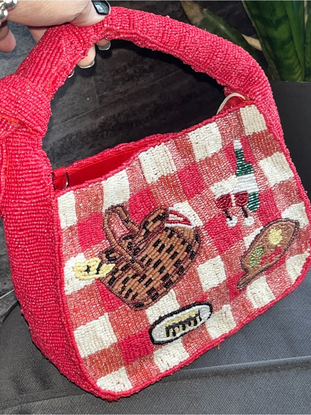 ✨SOL & MER Fully Beaded Red Picnic Wine Cheese Novelty Shoulder Bag 9”